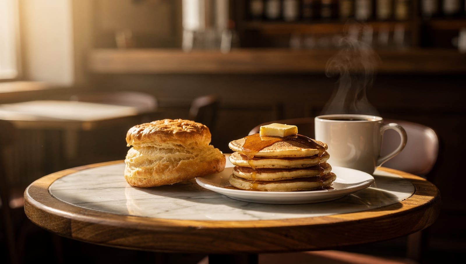 Sunday brunch — biscuit, pancakes and coffee in morning light