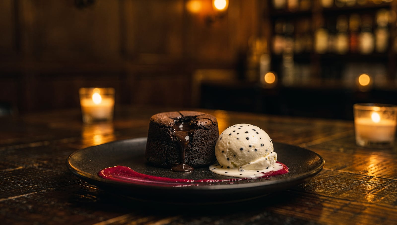 Warm chocolate lava cake with vanilla ice cream by candlelight